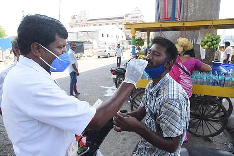 COVID-19 test being taken at Koyembedu, in Chennai. (Photo | R Satish Babu, EPS)