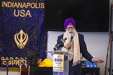 K.P. Singh speaks to members of the Sikh Coalition as they gather at the Sikh Satsang of Indianapolis. (Photo | AP)