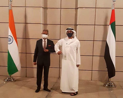 Indian External Affairs Minister S Jaishankar with his UAE counterpart Sheikh Abdullah bin Zayed Al Nahyan. (Photo | Twitter)