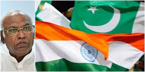 Congress leader Mallikarjun Kharge (L) and India-Pakistan flags. (File photo| AP and PTI)