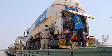 Empty tankers are loaded on a goods train at Kalamboli to bring liquid oxygen from other states in Mumbai. (Photo| ANI)