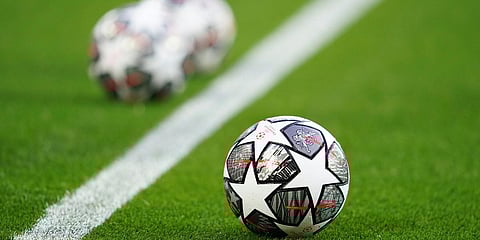 The Official UEFA Champions League match balls are on display ahead of a Champions League quarter final match in Liverpool. (Photo| AP)