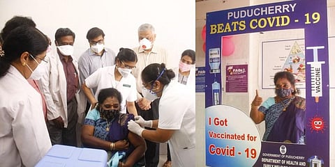 Health officials administer the first dose of COVID-19 vaccine to Puducherry Lt governor Tamilisai Soundarrajan on Friday. (Photo | Express)