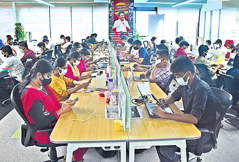 Employees working at I-PAC office in Chennai. (Photo |  Ashwin Prasath/EPS)