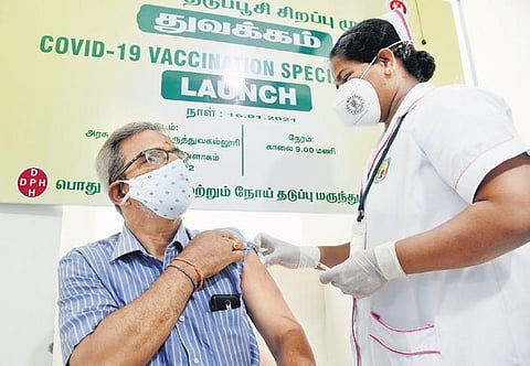 People being vaccinated at the Government Medical College, Omandurar Government Estate, in Chennai on Thursday | R Satish Babu