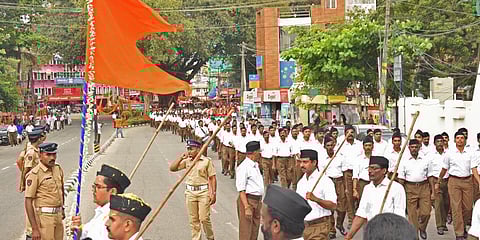 RSS route march passing through Sasthamangalam area in Thiruvananthapuram. (File Photo | BP Deepu, EPS