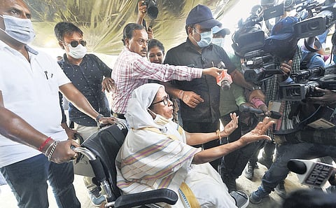 West Bengal Chief Minister Mamata Banerjee arriving at a polling station during the second phase of Assembly polls at Boyal in Nandigram on Thursday | PTI