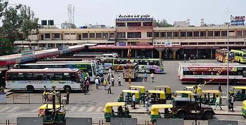 Private buses queued up inside the Majestic bus terminus as KSRTC bus employees continue their strike in Bengaluru. (Photo | Ashishkrishna HP, EPS)