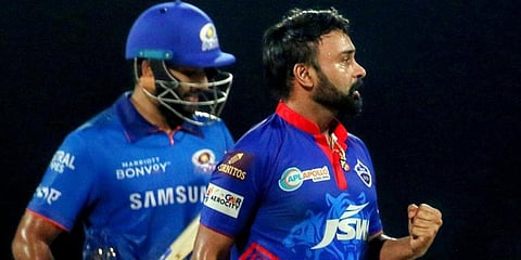 Delhi Capitals spinner Amit Mishra celebrates the wicket of Mumbai Indians skipper Rohit Sharma during an IPL 2021 match in Chennai. (Photo | ANI)