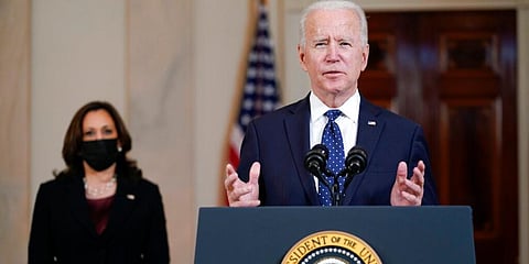 US President Joe Biden, accompanied by Vice President Kamala Harris, speaks after the George Floyd murder verdict. (Photo | AP)