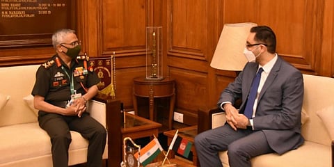 Afghan Ambassador to India Farid Mamundzay (R) meets Chief of Army Staff General MM Naravane. (Photo| Twitter/ @FMamundzay)
