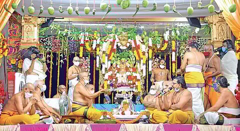 Priests perform special pujas at the Sri Sita Ramachandraswamy temple in Bhadrachalam, on the occasion of Sri Rama Navami