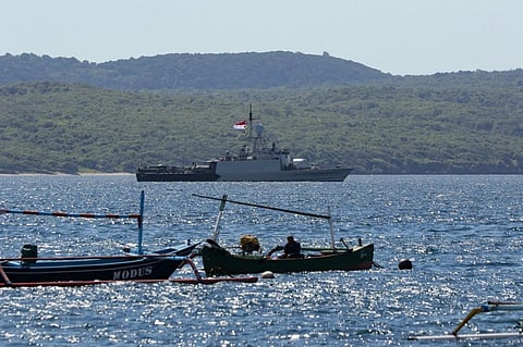 Indonesian navy ships arrive at the naval base in Banyuwangi on April 22, 2021, to join in the search for a decades-old navy submarine that went missing off the coast of Bali. (Photo | AFP)