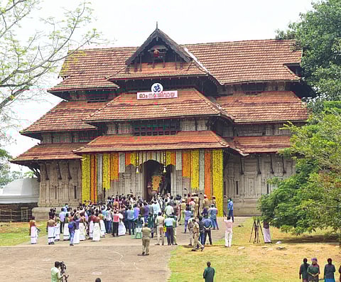 Neythalakkavu Bhagavathi, whose idol was carried by tusker Ernakulam Sivakumar, opened Thekke Gopura Nada, proclaiming Thrissur Pooram on Thursday (Photo | Special arrangement)