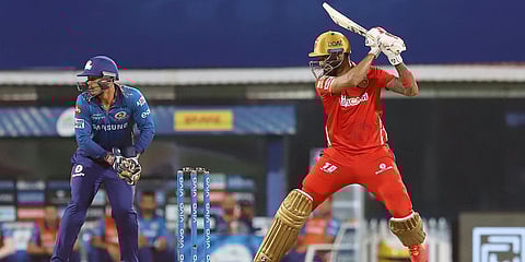 Punjab Kings skipper KL Rahul plays a shot during an IPL 2021 match against Mumbai Indians in Chennai. (Photo| ANI)