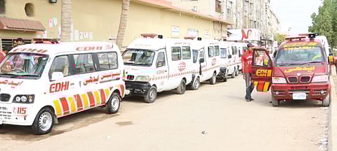 Ambulances, belonging to the Edhi Welfare Trust, are lined up. (Photo| Special Arrangement)