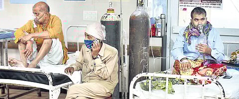 Covid-19 patients undergo treatment at LLR Hospital in Lucknow on Friday. Like the rest of the country, Uttar Pradesh is also witnessing a rapid rise in cases. (Photo | PTI)