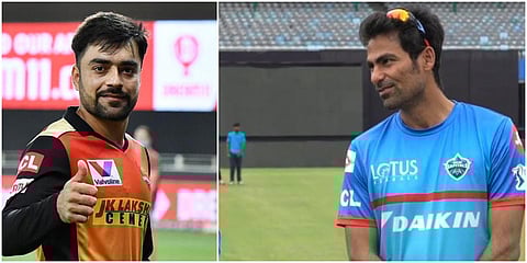 Sunrisers Hyderabad spinner Rashid Khan (L) and Delhi Capitals assistant coach Mohammad Kaif (File photo| Twitter)