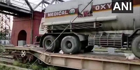 Oxygen Express train with tankers of oxygen arrives in Lucknow. (Photo | ANI)