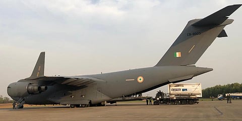 Offloading of container at Panagarh Air Base is carried out. (Photo| Special Arrangement)