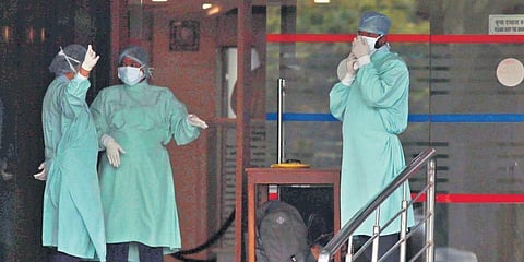 Staff of Sir Ganga Ram Hospital after panic strikes over shortage of oxygen. (Photo | Shekhar Yadav, EPS)