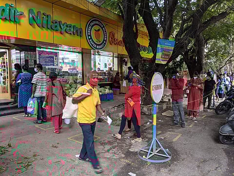 People throng a grocery store to buy Vegetables and essential items at Anna Nagar in Chennai on Saturday. (Express / Debadatta Mallick)