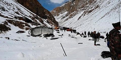 Rescue and relief operation underway after a glacier broke off in the Sumna area of Niti Valley near Uttarakhands Chamoli district on Friday, in Uttarakhand. (Photo | PTI)