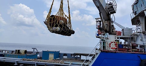 INS Sharda, based at Kochi, undertook the transfer of essential medical supplies to the capital of UTL, Kavaratti.(Photo | Special Arrangement)