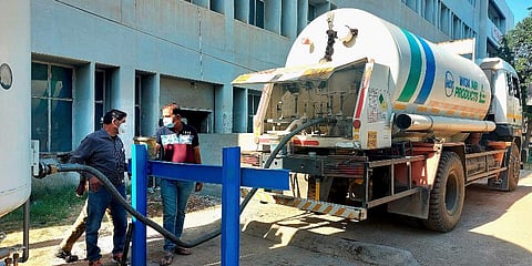 An oxygen tanker is used to refill medical oxygen (Photo | PTI)