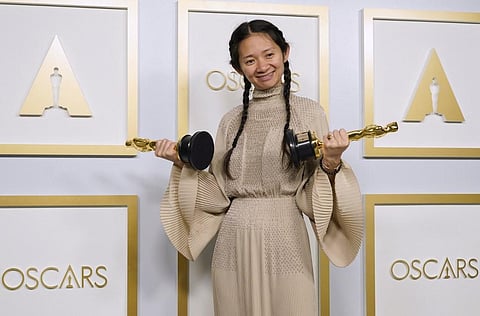 Chinese Director/Producer Chloe Zhao, winner of the award for Picture and Director for 'Nomadland,' poses in the press room at Oscars on April 25, 2021, at Union Station in Los Angeles. (Photo | AFP)