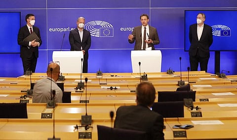From left, Members of European Parliament, David McAllister, Andreas Schieder, Christophe Hansen and Bernd Lange participate in a media conference on EU-UK trade agreement in Brussels. (Photo | AP)
