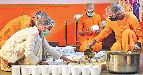 Meals packed and delivered by monks and helpers at ISKCON Gurugram