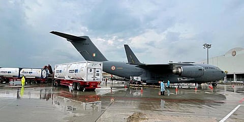 IAF C17 transport aircraft gearing up to airlift more empty oxygen containers from Singapore. (Photo | ANI)