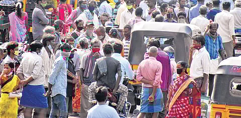 Building workers flout physical distancing norms in Tirupati on Wednesday | Madhav K