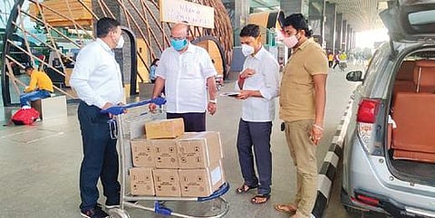 Kalaburagi MP Dr Umesh Jadhav with the Remdesivir vials in Bengaluru on Wednesday | Express