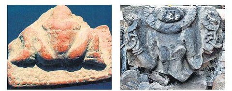 A terracota Lajja Gauri sculpture from Sannati in Gulbarga district in Karnataka; a fractured image of the Goddess in the Mahakuta temple in the state’s Bagalkot district