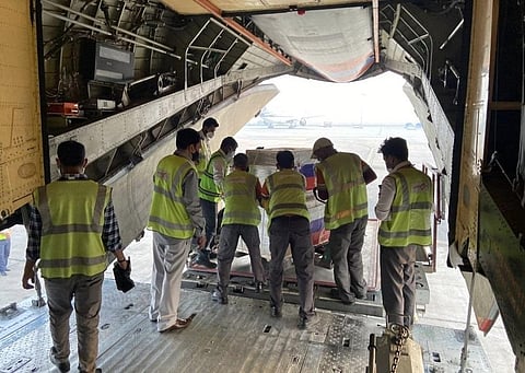 Two urgent flights operated by the Russian EMERCOM arrived today which brought a cargo with a total weight of 20 tonnes. (Photo | Twitter/@NKudashev)