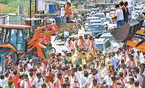 BJP state unit vice-president BY Vijayendra campaigns for the party candidate ahead of the bypolls at Maski in Raichur district on Friday