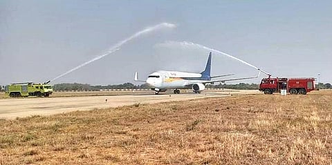 Water salute being accorded to the inaugural flight from Chennai to Jharsuguda