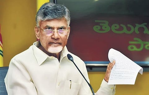 TDP national president N Chandrababu Naidu addressing the media at the party office in Mangalagiri in Guntur district on Friday | Express