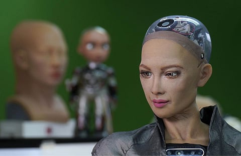 The close-up of the head of Sophia is seen at Hanson Robotics studio in Hong Kong on March 29, 2021. (Photo | AP)