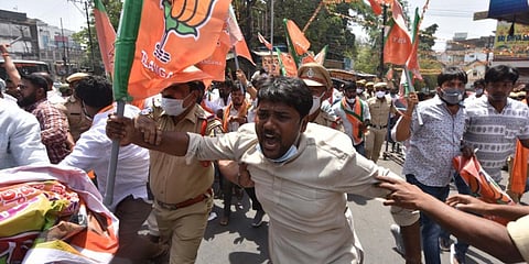 BJP Yuva Morcha members conduct a rally at Nampally against the suicide of Boda Sunil Naik. (Photo| EPS)