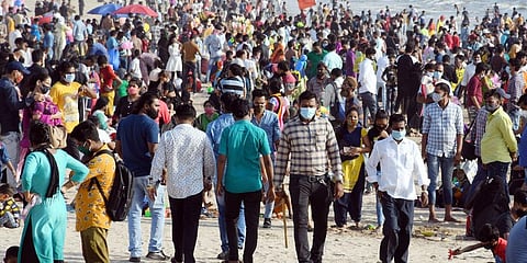 A crowd seen at Juhu beach in Mumbai. (Photo | ANI)