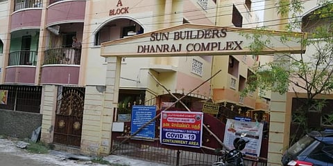 A view of the apartment in Srirangam which was made a containment zone by Tiruchy City Corporation. (Photo | EPS)