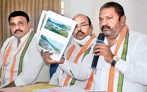 Congress MLAs Yathindra and HP Manjunath and party MLC Dharmasena address the media in Mysuru on Sunday | Udayshankar S