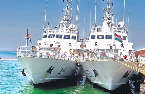 Savitri Bai Phule and Kasturba Gandhi, the two patrol vessels of Indian Coast Guard, docked at Karwar port I Express