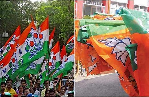 TMC flags (left) and BJP flags (Right)
