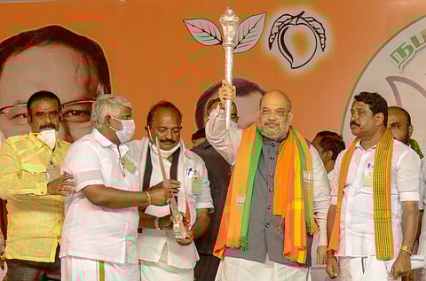 Union minister Amit Shah during an election campaign in support of BJP Tirunelveli constituency candidate Nainar Nagendran. (Photo | V. Karthikalagu, EPS)