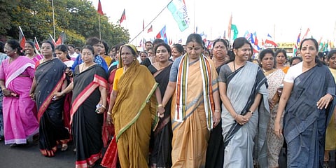 Women cadres of DMK including Kanimozhi (second from right) during a rally. (File Photo | D Sampathkumar, EPS)