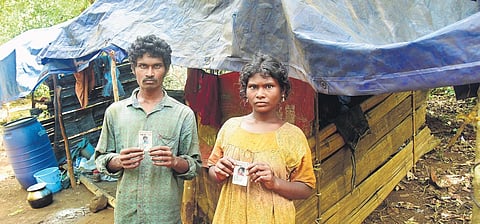Rajan and Omana of Malampandaram tribe in front of their hut showing their voter ID cards | Shaji Vettipuram
